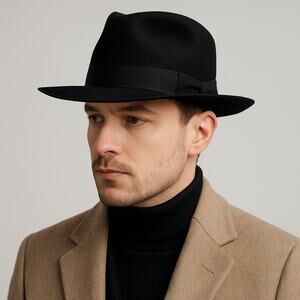 Borsalino Linea Augusta Italy Black Fur Felt Fedora Hat 57 7 1/8 Worth & Worth